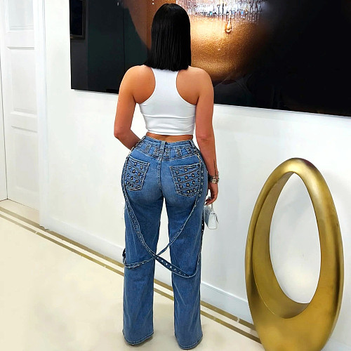 Fashion women's high-waist belt metal stud blue jeans SH-391411