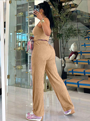 Halter Neck Navel-Baring Small Vest Drape Wide-Leg Pants Purple Two-Piece Set Wholesale SH-391362