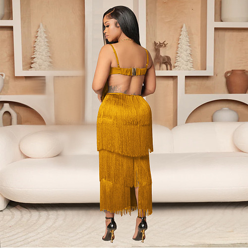 Women sexy strapless backless tassel solid color long dresses BY-7431