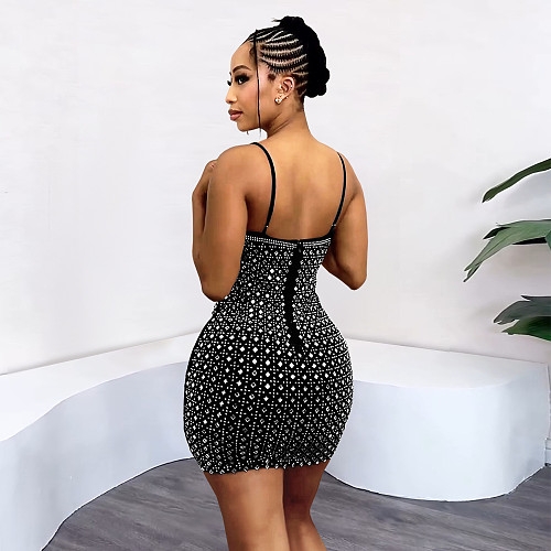 Fashion Women'S Perm Diamond Sleeveless Suspender Hip Dress BY-7400