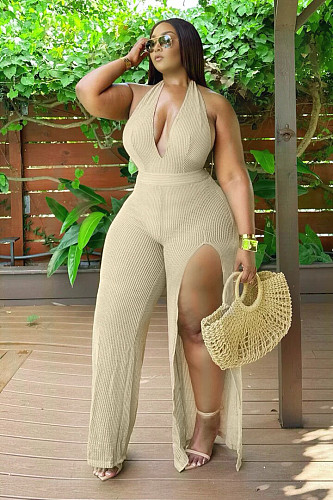 Sexy backless halter women irregular split long jumpsuit khaki SH-391399