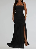 Fashion Summer Net Gauze Sexy Slit Solid Color Dress Women's Clothing BY-7398
