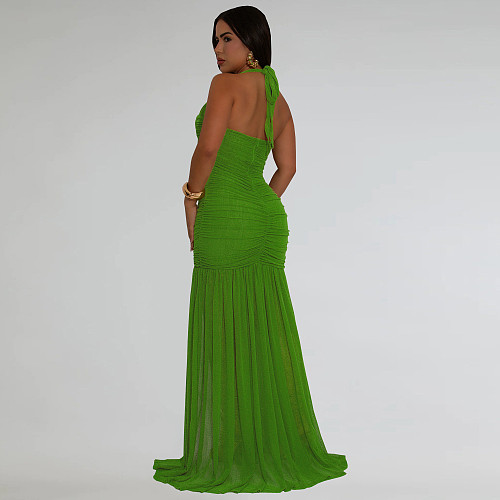 Fashion Summer Net Gauze Sexy Slit Solid Color Dress Women's Clothing BY-7398