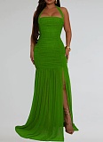 Fashion Summer Net Gauze Sexy Slit Solid Color Dress Women's Clothing BY-7398