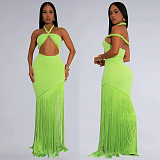 Sexy strapless halter backless tassel women solid color long dress BY-7453