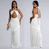 Sexy strapless halter backless tassel women solid color long dress BY-7453