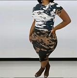 Fashion women camouflage print short sleeves round neck bodycon plus size dress TB-5487