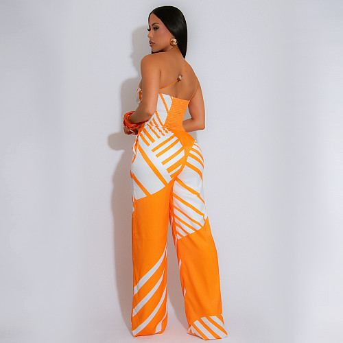 Fashionable Women'S Summer Casual Backless Oblique Shoulder Striped Jumpsuit BY-7371