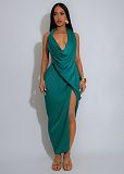 Sexy deep-V halter backless high slit pure color pleated maxi dress NTY-7577