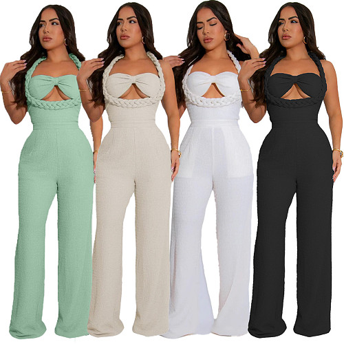 Women solid color sexy strapless halter loose straight jumpsuit NTY-7537