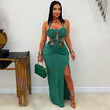 Women's halter hollow-out sexy backless slit long dresses NTY-7575