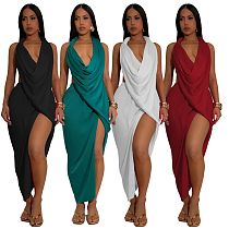 Sexy deep-V halter backless high slit pure color pleated maxi dress NTY-7577