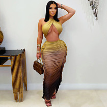 Sexy halter backless wrapped chest wrinkle long skirt gradient-printed two pieces sets NTY-7571