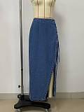 Women's lace-up side-slit denim long skirt blue LSD-2480