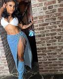 Women's lace-up side-slit denim long skirt blue LSD-2480