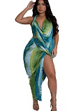 Sexy Deep V Neck Beaded Halter Neck High Slit Printed Satin Dress NTY-7523