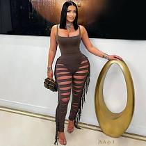 One-Piece Vest Top Fashionable Ripped Tassel Skinny Pants Two-Piece Set LSD-2448