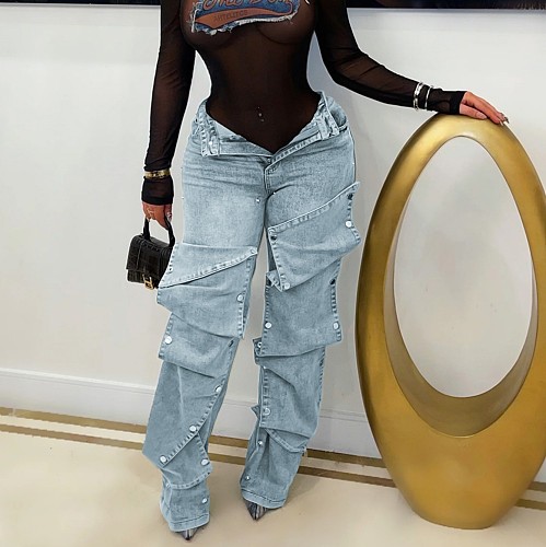 Women Fashion Studded Denim Decorated Loose Denim Trousers LSD-2281
