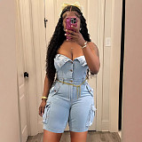 Women's strapless cardigan buttons large pockets denim rompers LSD-2437