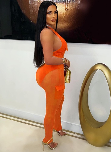 Deep V Neck Sleeveless Bodysuit Pocket Mesh Gauze Long Pants Women's Two-Piece Set NTY-7535