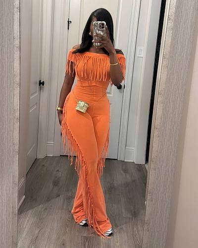 Summer New Style One-Line Collar Short Sleeve Tassel Jumpsuit LSD-2464