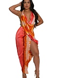 Sexy Deep V Neck Beaded Halter Neck High Slit Printed Satin Dress NTY-7523