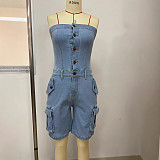 Women's strapless cardigan buttons large pockets denim rompers LSD-2437