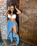 Women's lace-up side-slit denim long skirt blue LSD-2480