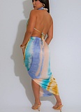 Sexy Deep V Neck Beaded Halter Neck High Slit Printed Satin Dress NTY-7523