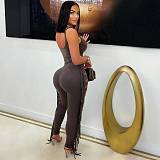 One-Piece Vest Top Fashionable Ripped Tassel Skinny Pants Two-Piece Set LSD-2448