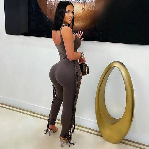 One-Piece Vest Top Fashionable Ripped Tassel Skinny Pants Two-Piece Set LSD-2448