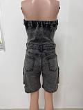 Women's strapless cardigan buttons large pockets denim rompers LSD-2437