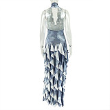 Sexy Halter Neck Long Solid Color Pleated U-neck Waist Tight Skirt Dress JSD-302967