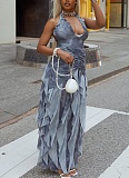 Sexy Halter Neck Long Solid Color Pleated U-neck Waist Tight Skirt Dress JSD-302967