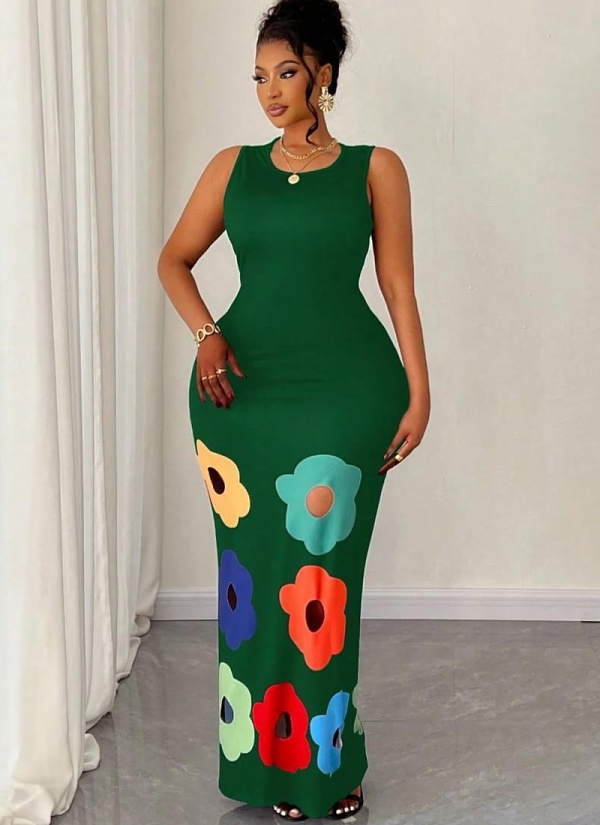 Fashion Round Neck Sleeveless Positioning Printing Hollow Printing A-line Dress RS-6333