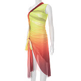 Sexy Gradient Print Off-shoulder Sleeveless Gathered Ribbon Slit Midi Dress RS-25DS099
