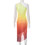 Sexy Gradient Print Off-shoulder Sleeveless Gathered Ribbon Slit Midi Dress RS-25DS099