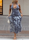 Sexy Halter Neck Long Solid Color Pleated U-neck Waist Tight Skirt Dress JSD-302967