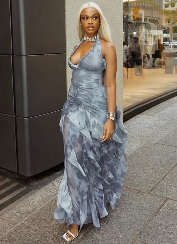 Sexy Halter Neck Long Solid Color Pleated U-neck Waist Tight Skirt Dress JSD-302967