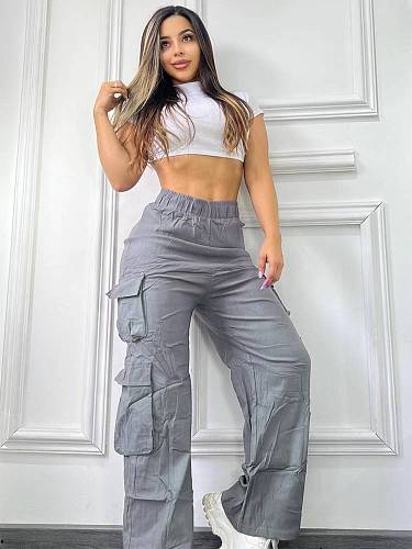 Women Multiple-Pockets Solid Work Pants CY-8368