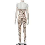 Sexy Printed Cross Halter Neck Smocked Backless Jumpsuit XINY-J25JP130
