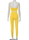 Yellow Mesh Camisole Vest And Tight Pants Two Piece Set XINY-D25ST220