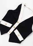 Contrast Color V-Neck Gold Button Halter Neck Backless Top Tight Cropped Trousers Two-Piece Set XINY-J25ST124
