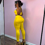 Yellow Mesh Camisole Vest And Tight Pants Two Piece Set XINY-D25ST220