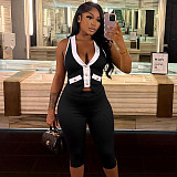Contrast Color V-Neck Gold Button Halter Neck Backless Top Tight Cropped Trousers Two-Piece Set XINY-J25ST124