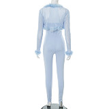 Sexy fur mesh long sleeves and strapless jumpsuit sets XINY-D25ST215