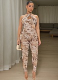 Sexy Printed Cross Halter Neck Smocked Backless Jumpsuit XINY-J25JP130