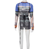 Fashion mesh print women long sleeve split irregular tops XINY-J25TP137