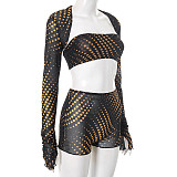 Women's strapless patchwork polka dot mesh printed low-cut three pieces set XINY-J25ST187