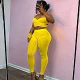 Yellow Mesh Camisole Vest And Tight Pants Two Piece Set XINY-D25ST220